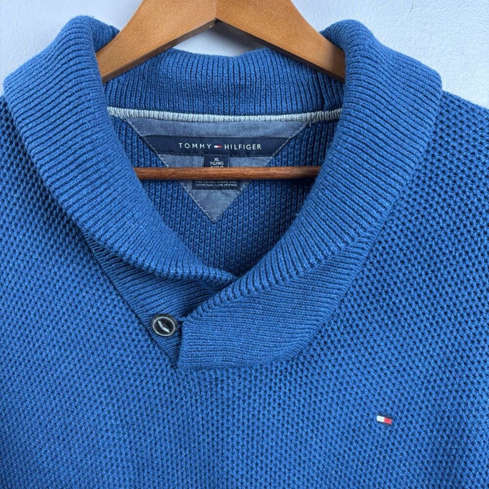 TOMMY HILFIGER Sweater Mens XL Shawl Collar Pullover Cotton/Wool Mix Royal Blue